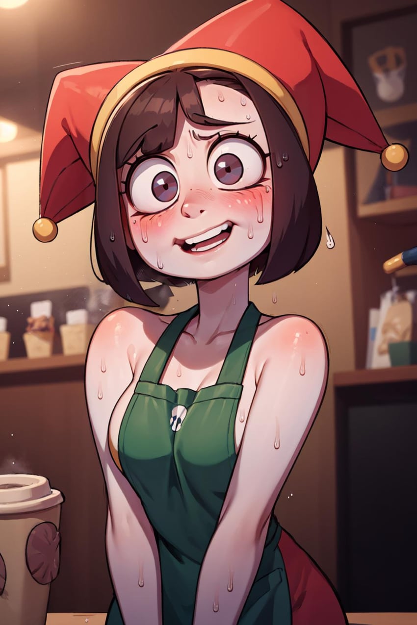 1girl, apron, bare_shoulders, black_hair, blurry, blurry_background, blush, breasts