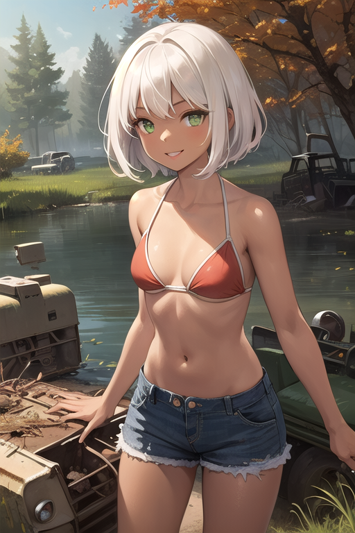 1girl, bangs, bare_arms, bare_shoulders, bikini, bikini_top_only, blue_shorts, bob_cut