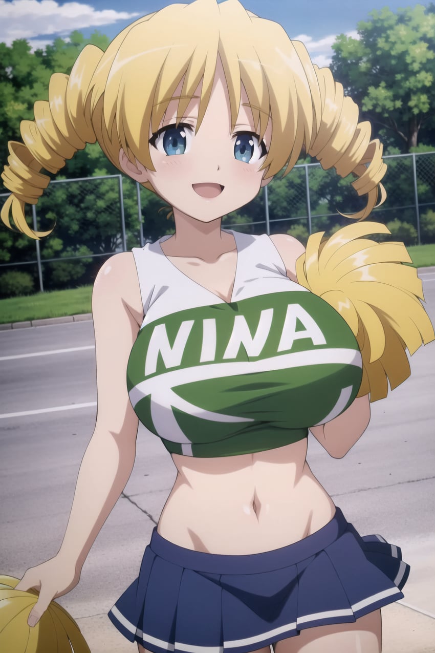 1girl, :d, absurdres, bare_shoulders, based_mix, blonde_hair, blue_eyes, blue_skirt