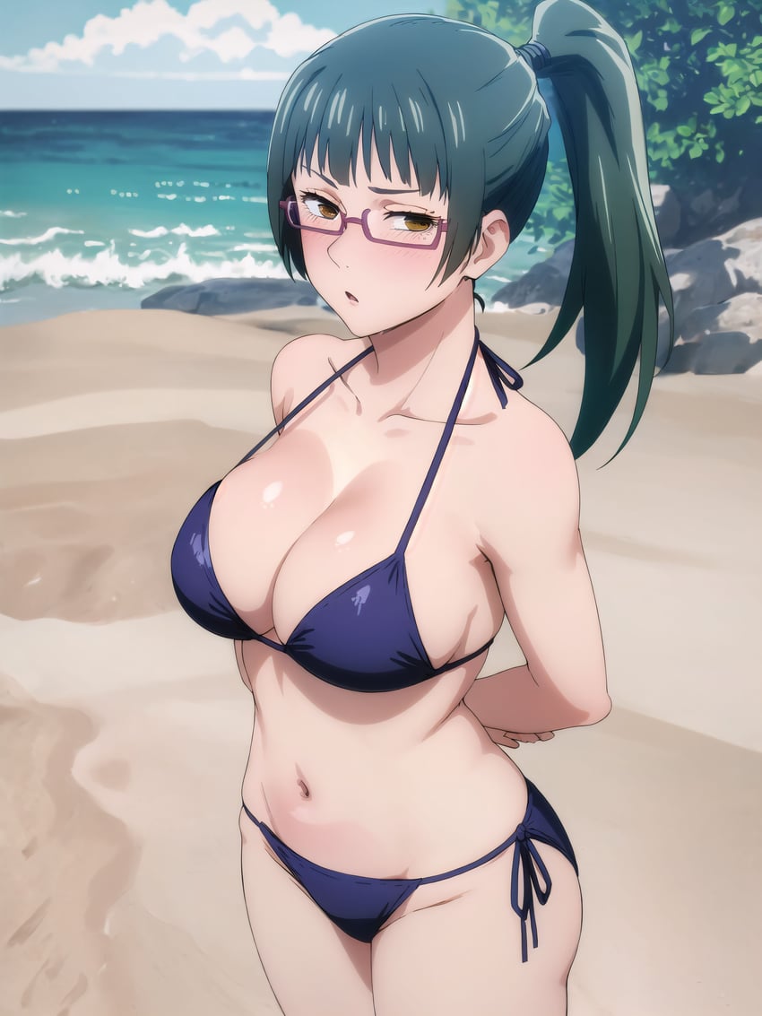 1girl, absurdres, arisato_yu, arms_behind_back, bare_shoulders, beach, bikini, blue_sky