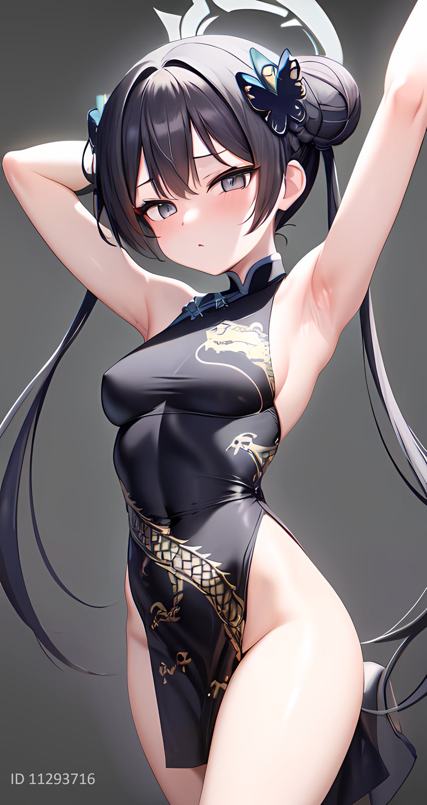 1girl, absurdres, arm_up, armpits, arms_up, bare_arms, bare_shoulders, black_dress, black_hair, blue_archive, blush, breasts, china_dress, chinese_clothes, closed_mouth, dragon_print, dress, grey_background, hair_bun, hannenhero, highres, kisaki_(blue_archive), long_hair, metadata_request, model_request, pankou, partial_metadata, pixiv_id, small_breasts, solo, thighs, twintails