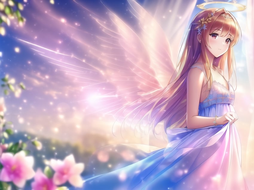 1girl, angel, angel_wings, bangs, bare_shoulders, blue_dress, blurry, blurry_foreground
