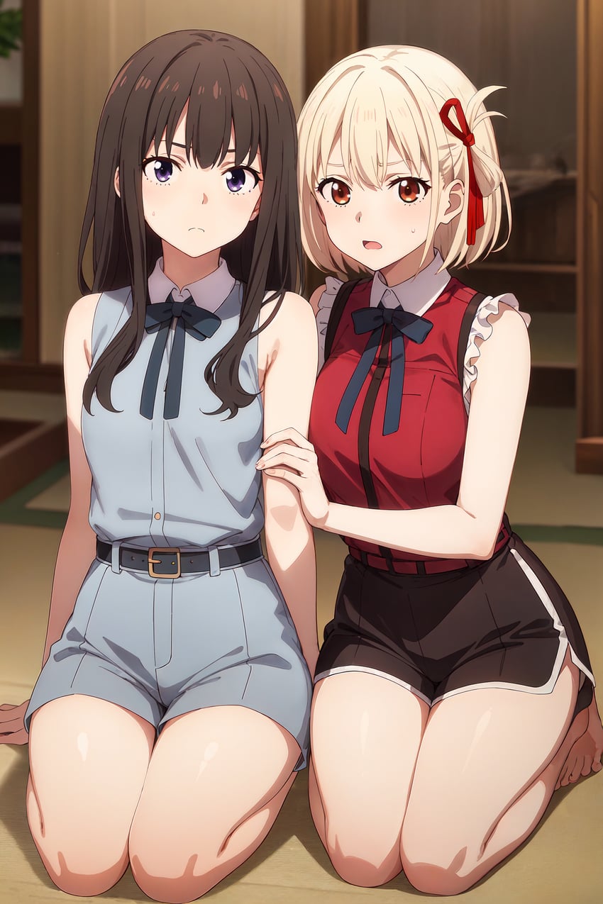 2girls, absurdres, bangs, black_hair, blonde_hair, hair_ribbon, highres, inoue_takina