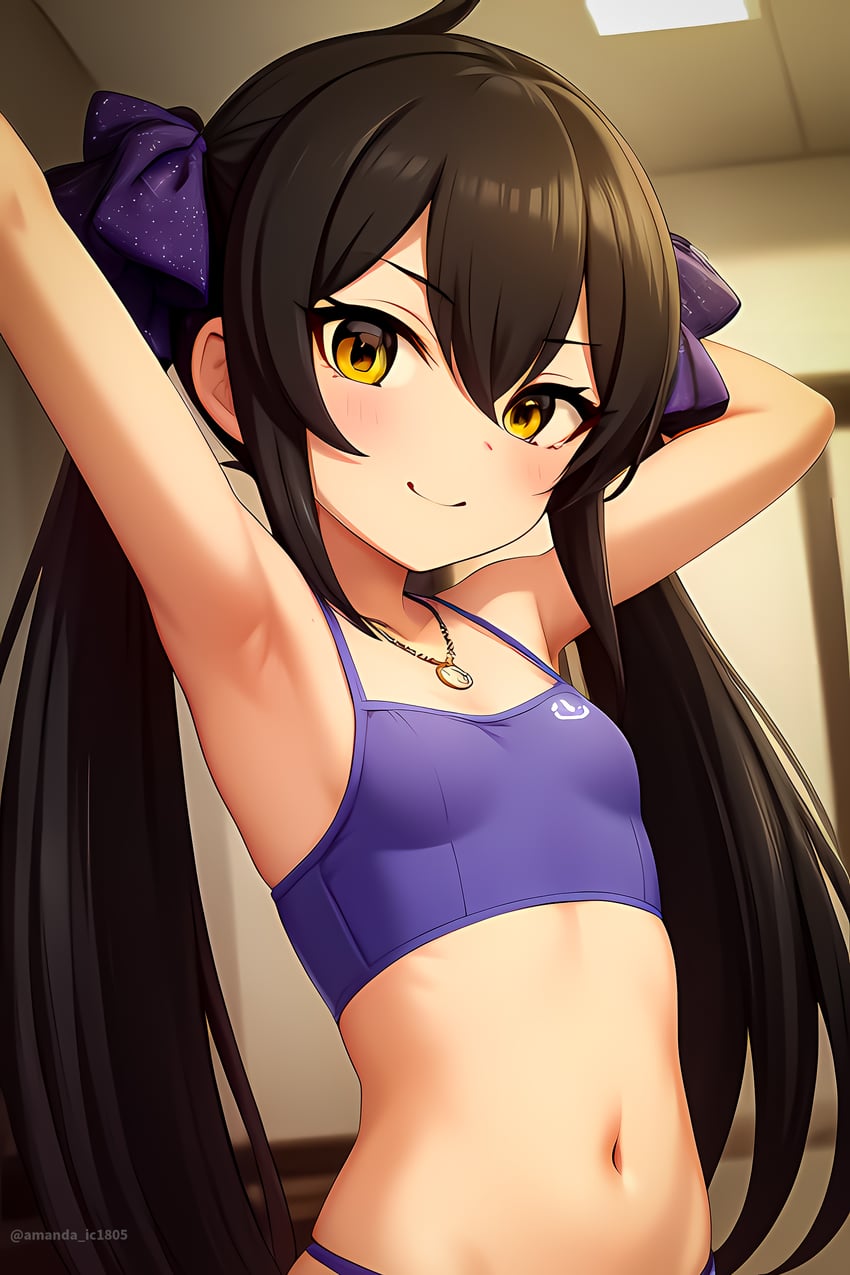 1girl, absurdres, amanda_ic1805, arm_up, armpits, arms_behind_head, arms_up, artist_name