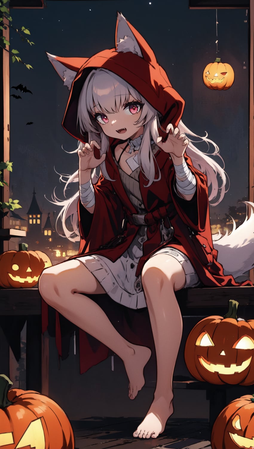 1girl, 218_(model), :d, animal_ear_fluff, animal_ears, animal_hood, bandaged_arm, bandaged_leg