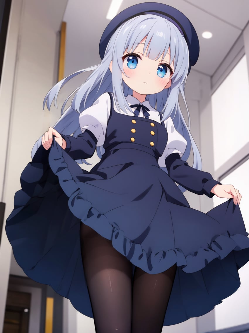 1girl, bangs, beret, black_pantyhose, blue_dress, blue_eyes, blue_hair, blue_headwear