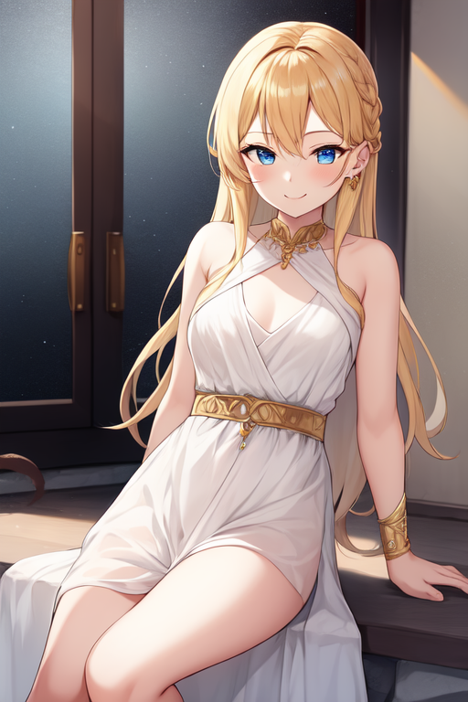 1girl, anything_(model), arm_support, bangs, bare_arms, bare_legs, bare_shoulders, belt