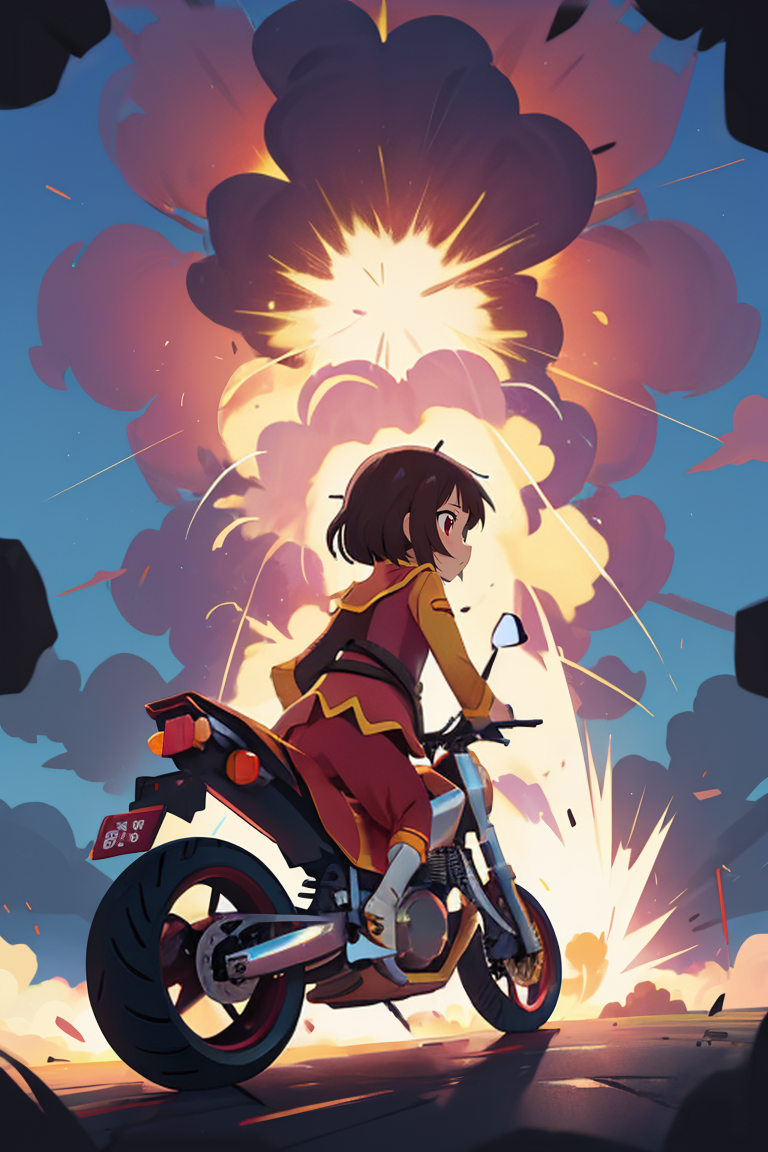 1girl, brown_hair, dress, explosion, from_behind, full_body, ground_vehicle, kono_subarashii_sekai_ni_shukufuku_wo!