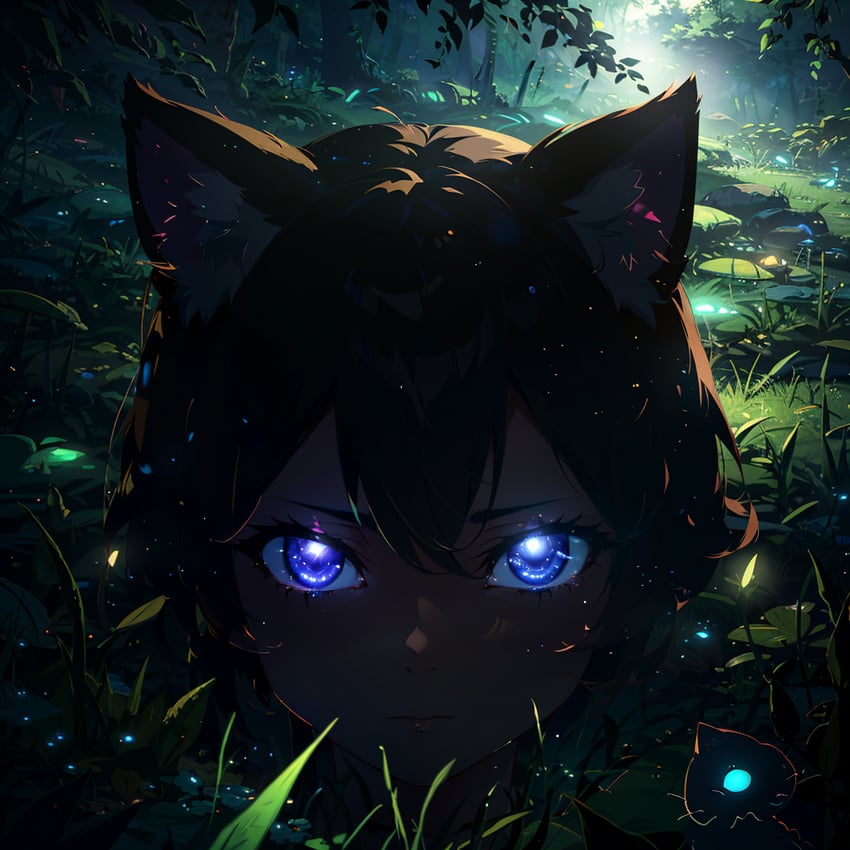1other, androgynous, animal_ear_fluff, animal_ears, backlighting, bangs, black_hair, blue_eyes, bush, cat_ears, cat_other, close-up, closed_mouth, embedding, eyebrows_hidden_by_hair, eyelashes, forest, glowing, glowing_eyes, grass, green_background, hair_between_eyes, leaf, light_particles, looking_at_viewer, lua's_light, lyren, nature, non-web_source, original, other_focus, outdoors, pond, rock, self-upload, serious, short_hair, solo, sunlight, tree, water