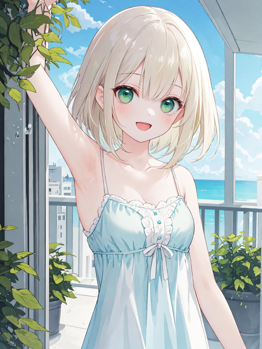 1girl, :d, arm_up, armpits, blonde_hair, blue_dress, building, cloud, collarbone, day, dress, green_eyes, light_blush, lisarfa, looking_at_viewer, medium_hair, ocean, open_mouth, original, outdoors, plant, potted_plant, realm, sky, sleeveless, sleeveless_dress, smile, solo, upper_body