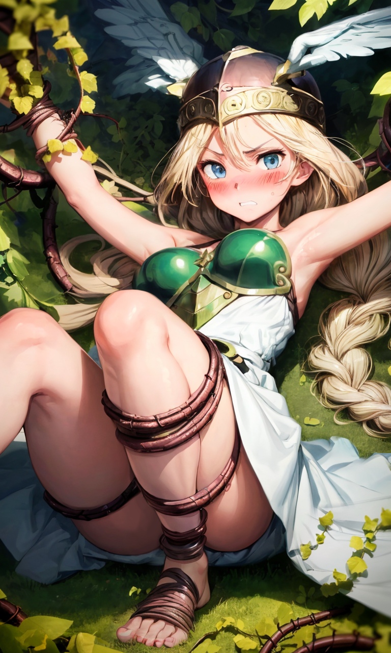 1girl, armor, armored_dress, armpits, arms_up, bare_arms, bare_legs, bare_shoulders