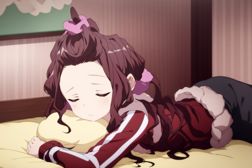 1girl, anime_coloring, anything_(model), bed, bedroom, black_pants, blush, brown_hair, closed_eyes, closed_mouth, extra_finger, facing_viewer, forehead, fur_trim, hair_ornament, hair_ribbon, hair_scrunchie, high_ponytail, highres, indoors, jacket, long_hair, long_sleeves, lora, lying, mahou_shoujo_ikusei_keikaku, massbrainimpact, object_hug, on_bed, on_stomach, pants, pillow, pillow_hug, pink_scrunchie, ponytail, purple_scrunchie, red_jacket, ribbon, sanjou_nemu, scrunchie, self-upload, sidelocks, sleeping, solo, track_jacket, track_pants, track_suit