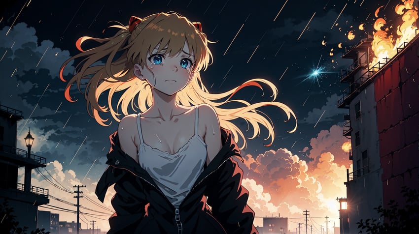 1girl, blue_eyes, breasts, cleavage, closed_mouth, cloud, convergence_(model), evakuator, highres, long_hair, looking_at_viewer, neon_genesis_evangelion, night, non-web_source, off_shoulder, outdoors, power_lines, rain, sad, self-upload, sky, solo, souryuu_asuka_langley, tears
