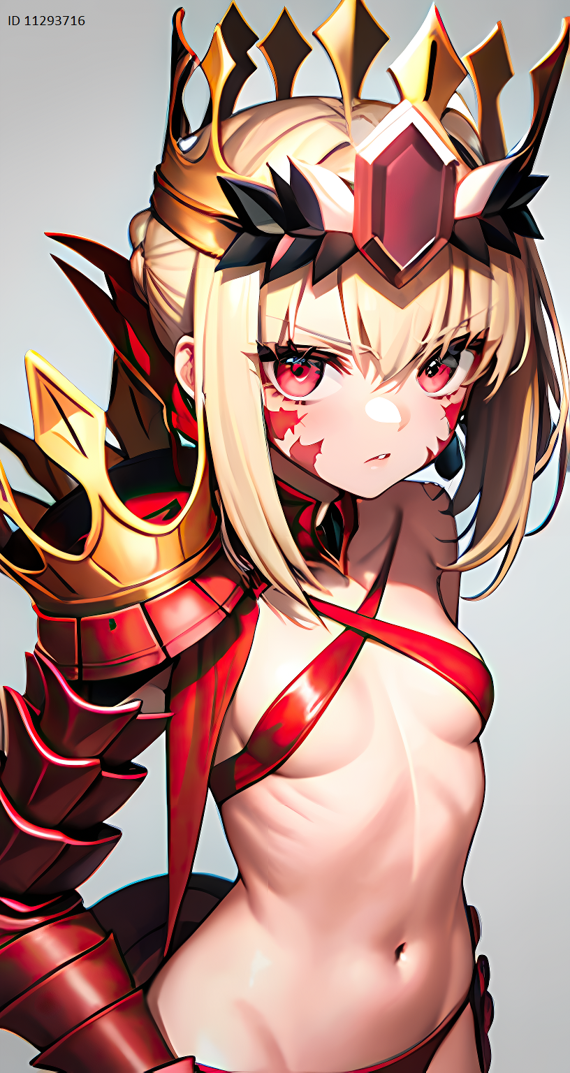 1girl, ahoge, bangs, bikini, blonde_hair, braid, breasts, collarbone, criss-cross_halter, crown, dragon_tail, facial_mark, fate/grand_order, fate_(series), french_braid, hair_between_eyes, hair_bun, hair_intakes, hair_ribbon, halterneck, hannenhero, loli, long_hair, looking_at_viewer, model_request, navel, nero_claudius_(fate), queen_draco_(fate), queen_draco_(first_ascension)_(fate), red_bikini, red_eyes, red_ribbon, ribbon, robe, scales, single_hair_bun, small_breasts, solo, swimsuit, tail, white_robe