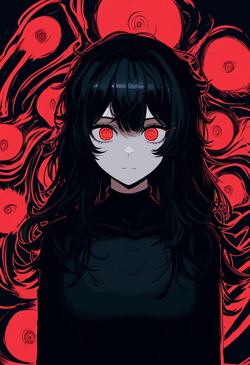 1girl, abstract, abstract_background, bangs, black_background, black_hair, black_shirt, black_sweater, breasts, cipher_(artist), closed_mouth, expressionless, hair_between_eyes, horror_(theme), limited_palette, long_hair, long_sleeves, looking_at_viewer, messy_hair, non-web_source, novelai, original, parted_lips, red_background, red_eyes, red_theme, ringed_eyes, self-upload, shirt, sidelocks, solo, stealth_metadata, sweater, turtleneck, turtleneck_sweater, upper_body