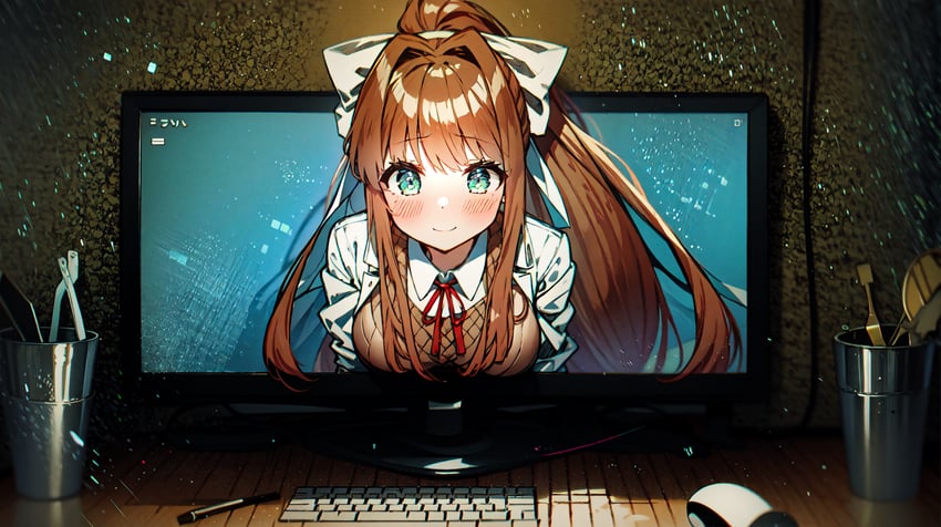 1girl, brown_hair, convergence_(model), doki_doki_literature_club, evakuator, green_eyes, highres, long_hair