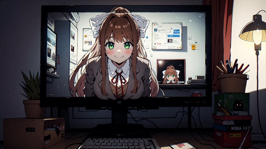 1girl, brown_hair, convergence_(model), doki_doki_literature_club, evakuator, green_eyes, highres, long_hair