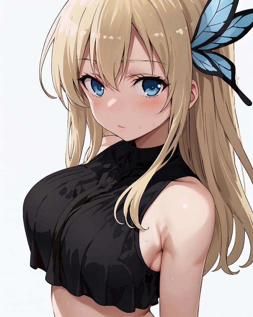 1girl, absurdres, armpit_crease, arms_at_sides, bangs, bare_shoulders, blonde_hair, blue_eyes