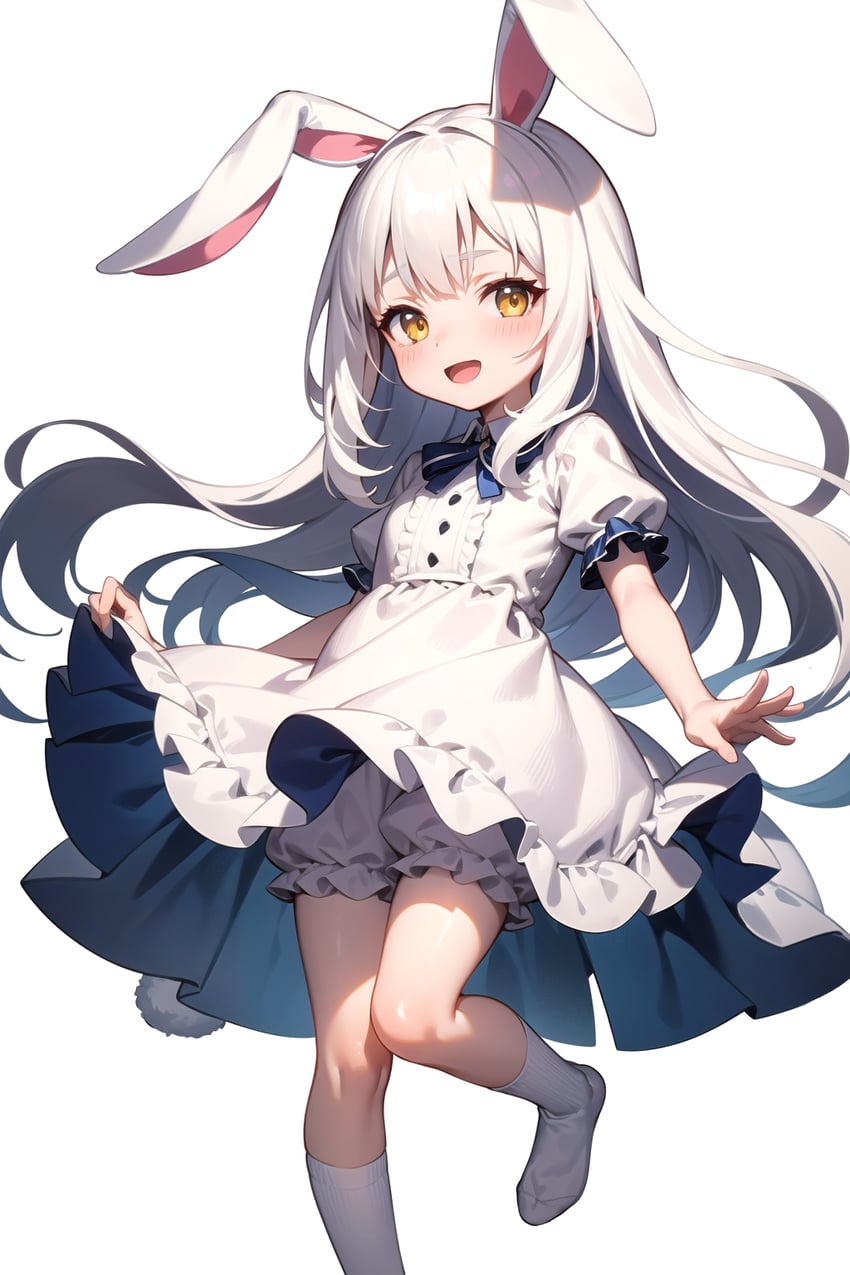 1girl, :d, animal_ears, bangs, bloomers, blush, center_frills, child