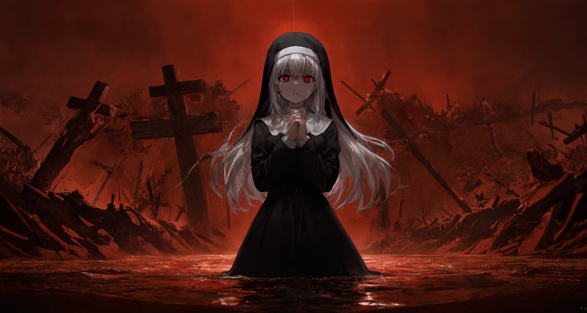 1girl, adetailer, aojiroi, bangs, black_dress, closed_mouth, cross, crying