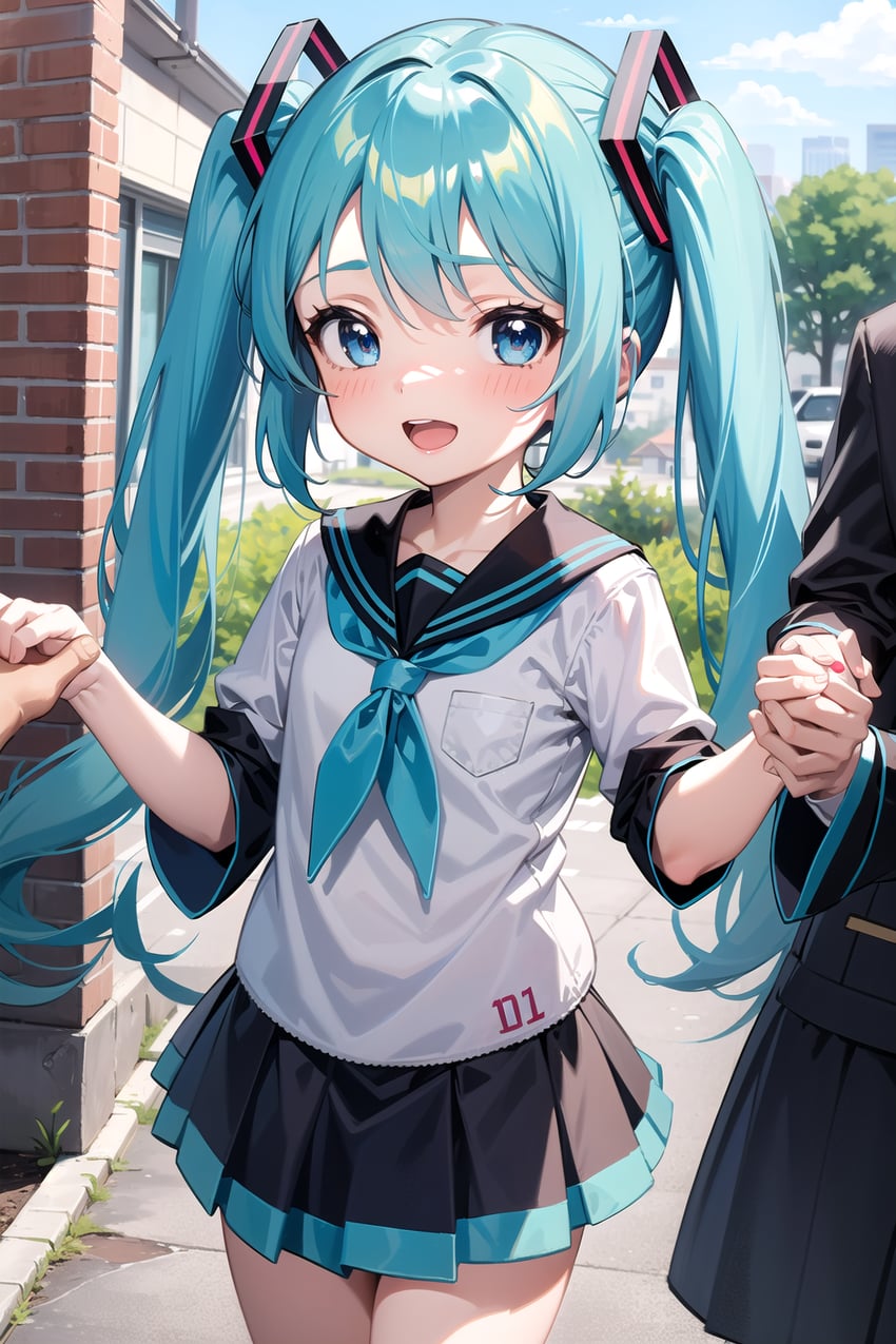 1boy, 1girl, :d, aqua_hair, bangs, black_sailor_collar, black_skirt, blue_eyes