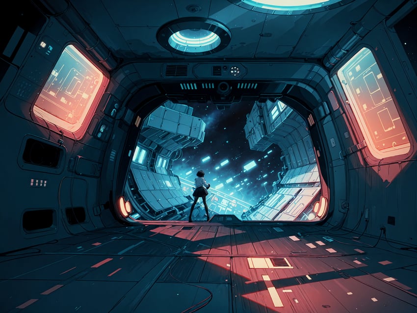 1girl, absurdres, black_hair, convergence_(model), evakuator, facing_away, from_behind, highres, indoors, metadata_request, non-web_source, original, scenery, science_fiction, self-upload, shadow, skirt, solo, spacecraft, standing, wide_shot