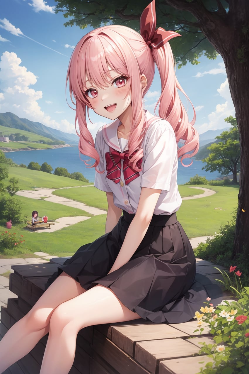 1other, :d, akiyama_mizuki, androgynous, bangs, between_legs, black_skirt, blue_sky, blush, bow, bowtie, cloud, day, flower, hair_ribbon, hand_between_legs, impia8574_(impious), kizuki_(model), long_hair, looking_at_viewer, lora, multiple_girls, non-web_source, open_mouth, other_focus, outdoors, pink_eyes, pink_hair, pleated_skirt, project_sekai, red_bow, ribbon, sailor_collar, school_uniform, self-upload, shirt, short_sleeves, side_ponytail, sidelocks, sitting, skirt, sky, smile, solo_focus, tree, white_sailor_collar, white_shirt