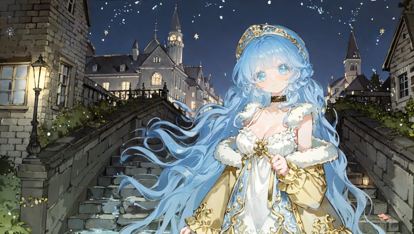 1girl, adetailer, aha_(style), bangs, bare_shoulders, based_mix, blue_eyes, blue_hair