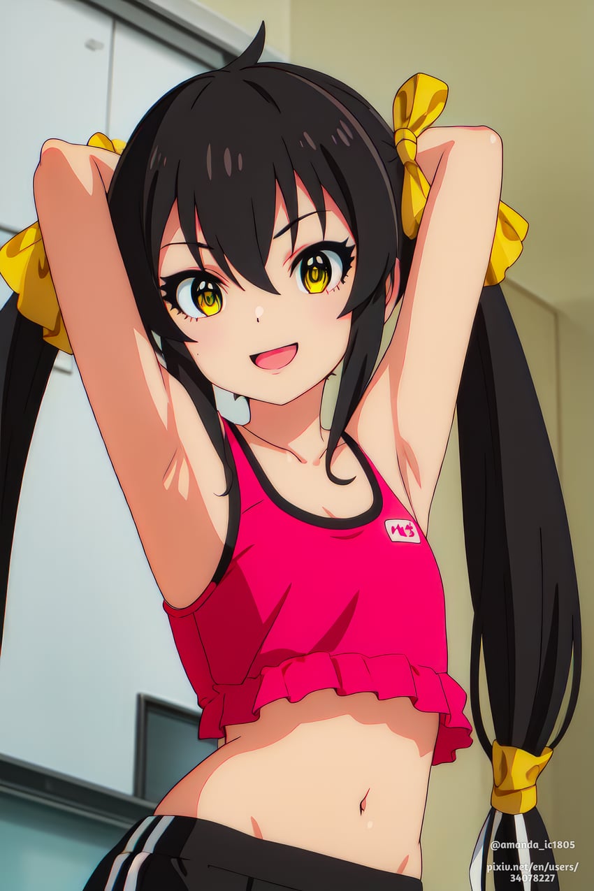 1girl, :d, absurdres, amanda_ic1805, armpits, arms_behind_head, arms_up, artist_name, bare_arms, black_hair, bow, breasts, cleavage, clothes_writing, collarbone, crop_top, eyelashes, flat_chest, frills, hair_between_eyes, hair_bow, hair_ribbon, highres, idolmaster, idolmaster_cinderella_girls, idolmaster_cinderella_girls_u149, incredibly_absurdres, indoors, loli, long_hair, looking_at_viewer, matoba_risa, metadata_request, midriff, mixed-language_commentary, model_request, navel, open_mouth, pants, ribbon, sidelocks, sleeveless, smile, solo, sportswear, stomach, sweat, twintails, twitter_username, upper_body, very_long_hair, web_address, yellow_eyes, yellow_ribbon