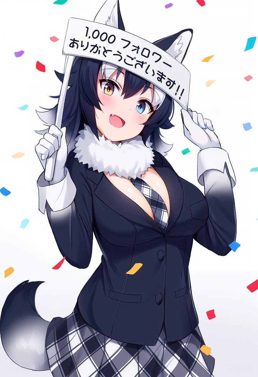 1girl, :d, animal_ear_fluff, animal_ears, arms_up, bangs, between_breasts, black_coat