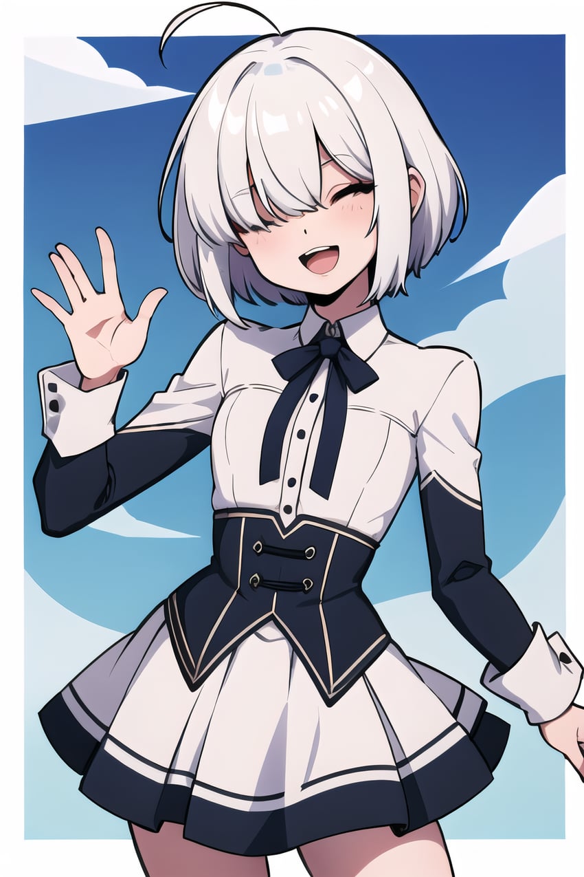 1boy, :d, ahoge, bangs, black_bow, blue_sky, blush, bow, bowtie, breasts, closed_eyes, cloud, collared_shirt, cowboy_shot, facing_viewer, hair_over_one_eye, hand_up, impia8574_(impious), long_sleeves, lora, male_focus, model_request, mole, neck_ribbon, non-web_source, open_mouth, original, otoko_no_ko, pleated_skirt, ribbon, self-upload, shirt, short_hair, skirt, sky, smile, solo, teeth, waving, white_hair, white_shirt, white_skirt