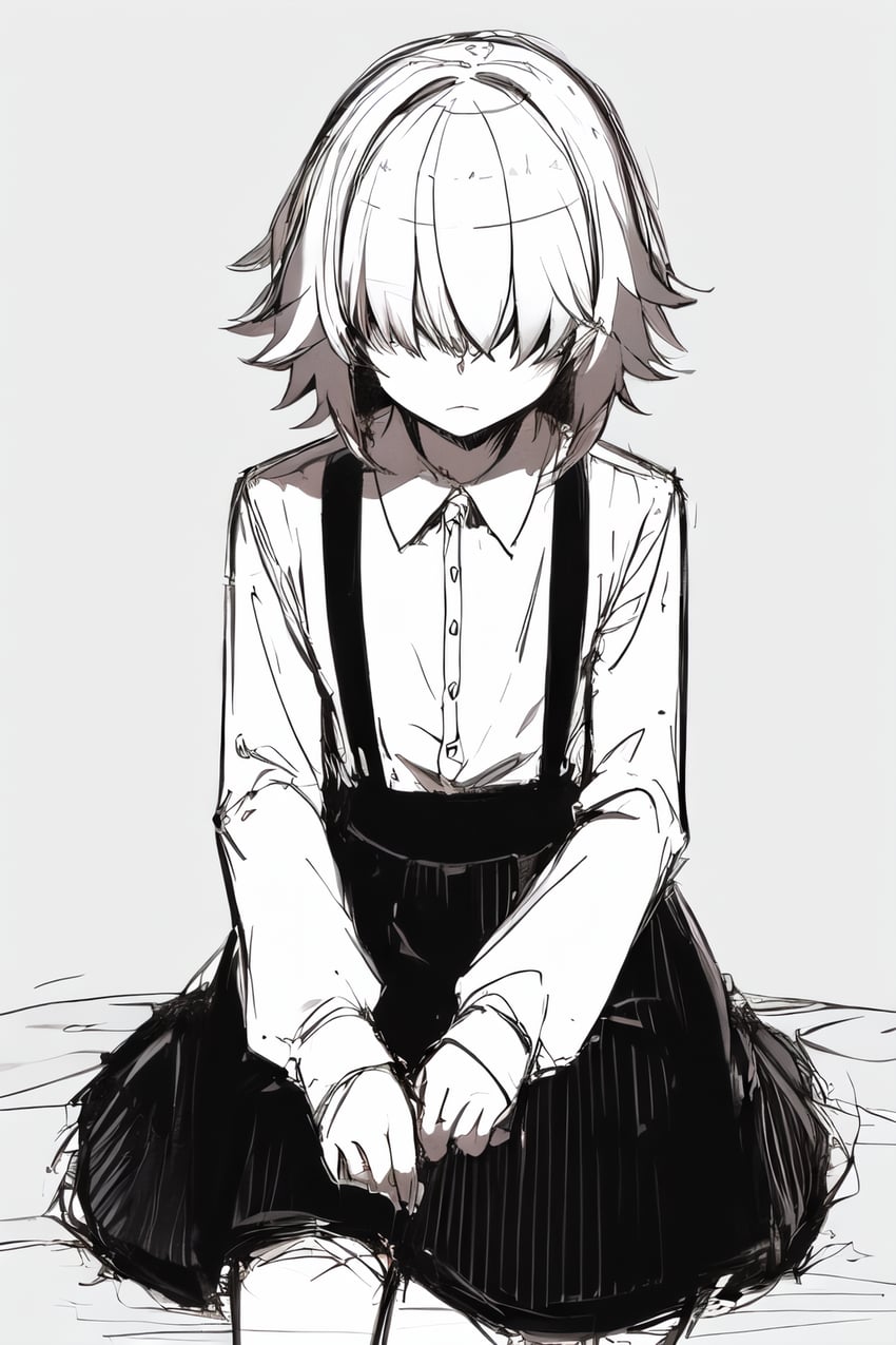 1boy, aingdiffusion, bangs, closed_mouth, collared_shirt, covered_eyes, faux_sketch, grey_background