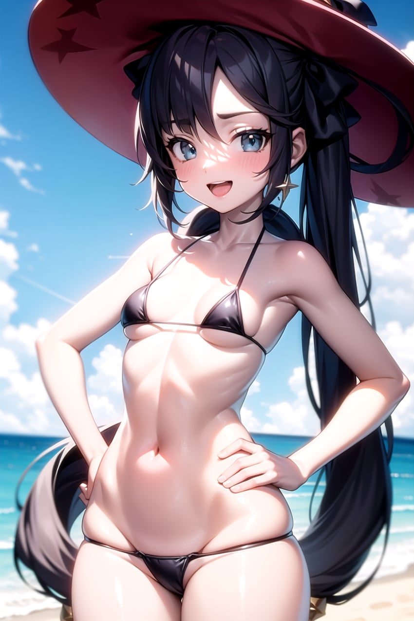 1girl, :d, bangs, bare_arms, bare_shoulders, beach, bikini, black_bikini, black_hair, blue_eyes, blue_sky, blush, breasts, cloud, collarbone, cowboy_shot, day, earrings, genshin_impact, halterneck, hands_on_own_hips, hat, impia8574_(impious), jewelry, long_hair, looking_at_viewer, lora, model_request, mona_(genshin_impact), navel, non-web_source, ocean, open_mouth, outdoors, self-upload, skindentation, sky, small_breasts, smile, solo, star_(symbol), stomach, string_bikini, swimsuit, thighs, twintails, very_long_hair, witch_hat