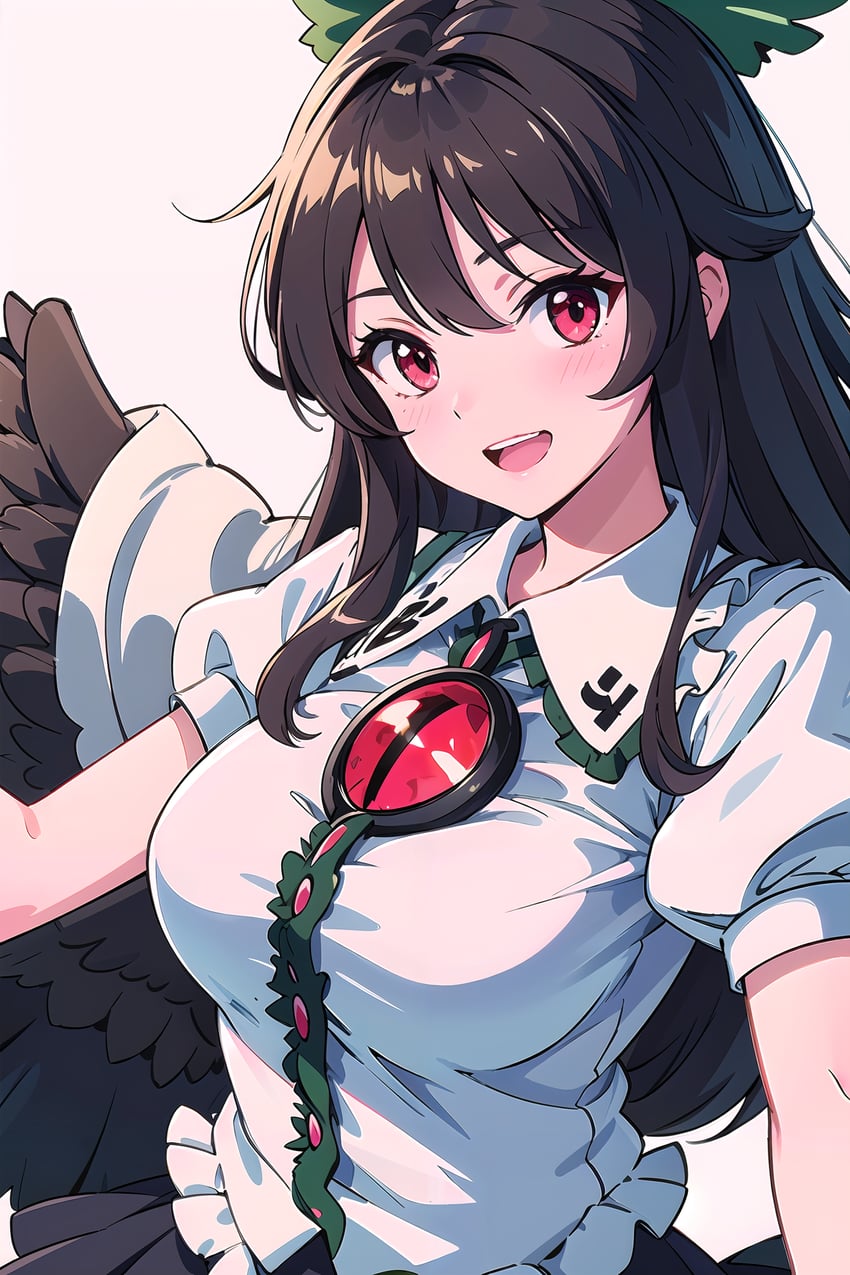 1girl, :d, bangs, bird_wings, black_hair, black_wings, blush, bow