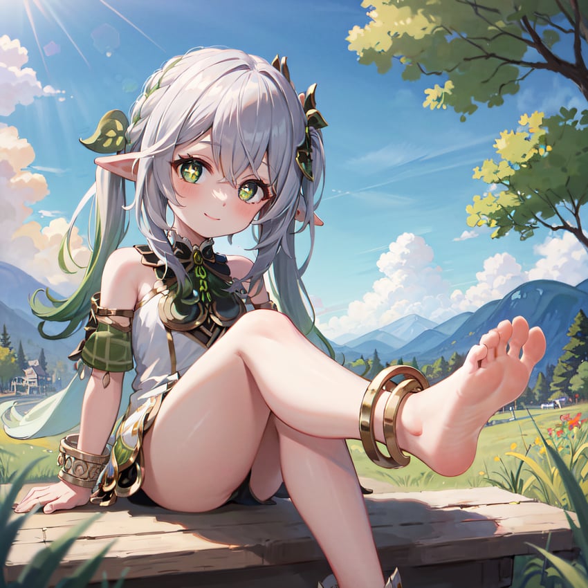 1girl, absurdres, anklet, bare_legs, bare_shoulders, barefoot, blue_sky, blush, bracelet, cloud, day, dress, feet, foot_focus, foot_out_of_frame, genshin_impact, gradient_hair, grass, green_eyes, hair_ornament, highres, jewelry, legs, loli, long_hair, looking_at_viewer, macross_(model), metadata_request, multicolored_hair, nahida_(genshin_impact), outdoors, pointy_ears, side_ponytail, sitting, sky, sleeveless, sleeveless_dress, smile, soles, solo, sterbenon, symbol-shaped_pupils, thighs, toes, tree, white_dress, white_hair