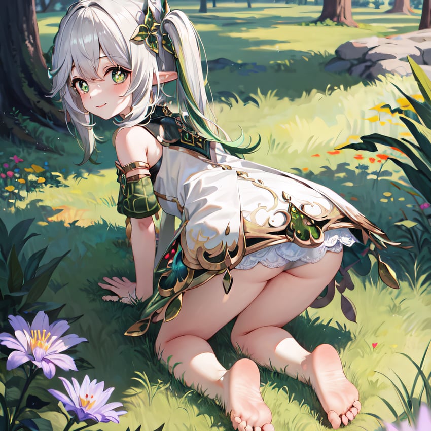 1girl, absurdres, all_fours, ass, barefoot, blush, dress, feet, flower, from_behind, genshin_impact, gradient_hair, grass, green_eyes, hair_ornament, highres, jewelry, legs, loli, long_hair, looking_at_viewer, looking_back, macross_(model), metadata_request, multicolored_hair, nahida_(genshin_impact), nature, outdoors, panties, pointy_ears, side_ponytail, sitting, sky, sleeveless, sleeveless_dress, smile, soles, solo, sterbenon, toes, tree, underwear, white_dress, white_hair