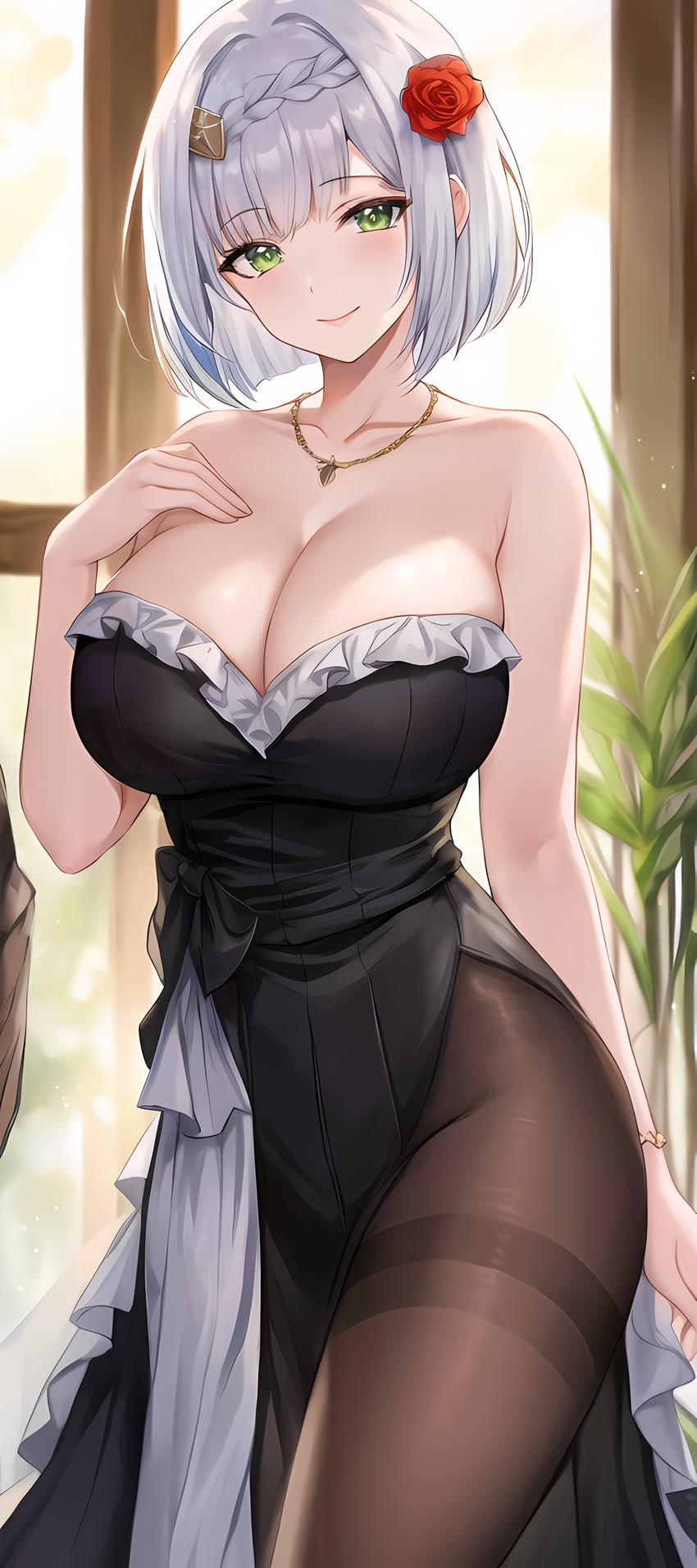 1girl, absurdres, alternate_breast_size, alternate_costume, bangs, bare_arms, bare_shoulders, black_dress