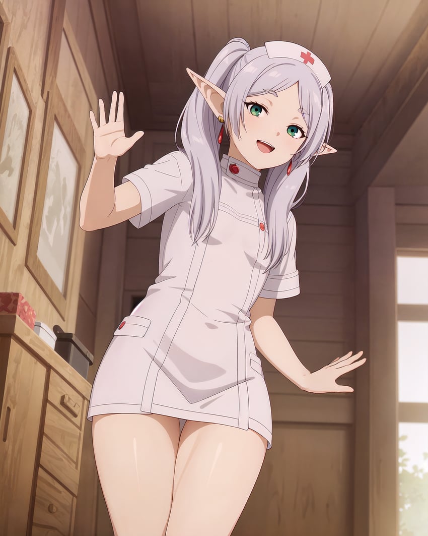 1girl, absurdres, bangs, blush, breasts, cowboy_shot, door, dress