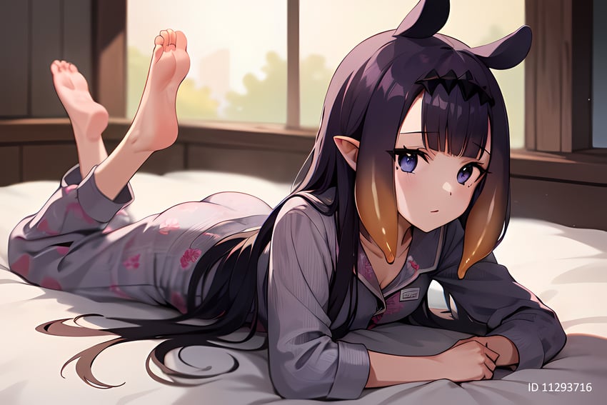 1girl, :/, absurdres, animal_ears, ass, bangs, barefoot, bed, black_hair, blush, breasts, cleavage, closed_mouth, day, expressionless, feet, feet_up, flat_chest, full_body, gradient_hair, grey_shirt, hannenhero, highres, hololive, hololive_english, indoors, legs_up, long_hair, looking_at_viewer, lying, metadata_request, model_request, multicolored_hair, ninomae_ina'nis, on_bed, on_stomach, orange_hair, pajamas, pants, partial_metadata, pointy_ears, purple_eyes, purple_hair, shirt, sidelocks, soles, solo, straight_hair, tentacle_hair, the_pose, toes, very_long_hair, virtual_youtuber
