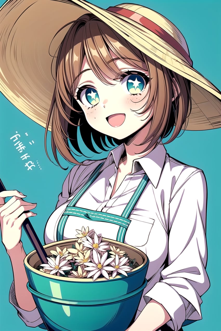 +_+, 1girl, :d, apron, aqua_background, bangs, blue_background, blue_eyes