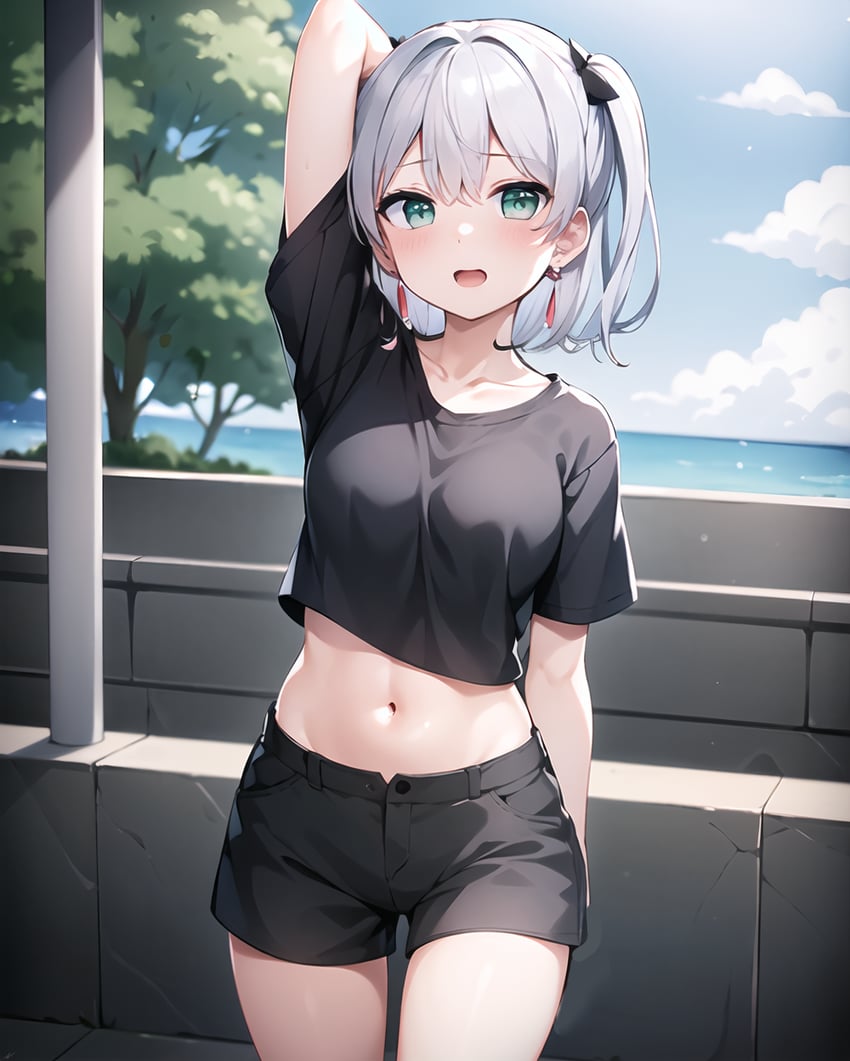1girl, arm_behind_head, arm_up, black_shirt, black_shorts, blue_eyes, breasts, collarbone, cowboy_shot, crop_top, crop_top_overhang, day, earrings, icetea, indie_virtual_youtuber, jewelry, looking_at_viewer, metadata_request, midriff, model_request, navel, nekomugi_tororo, one_side_up, open_mouth, outdoors, shirt, short_hair, short_shorts, short_sleeves, shorts, solo, standing, stomach, thighs, virtual_youtuber, white_hair