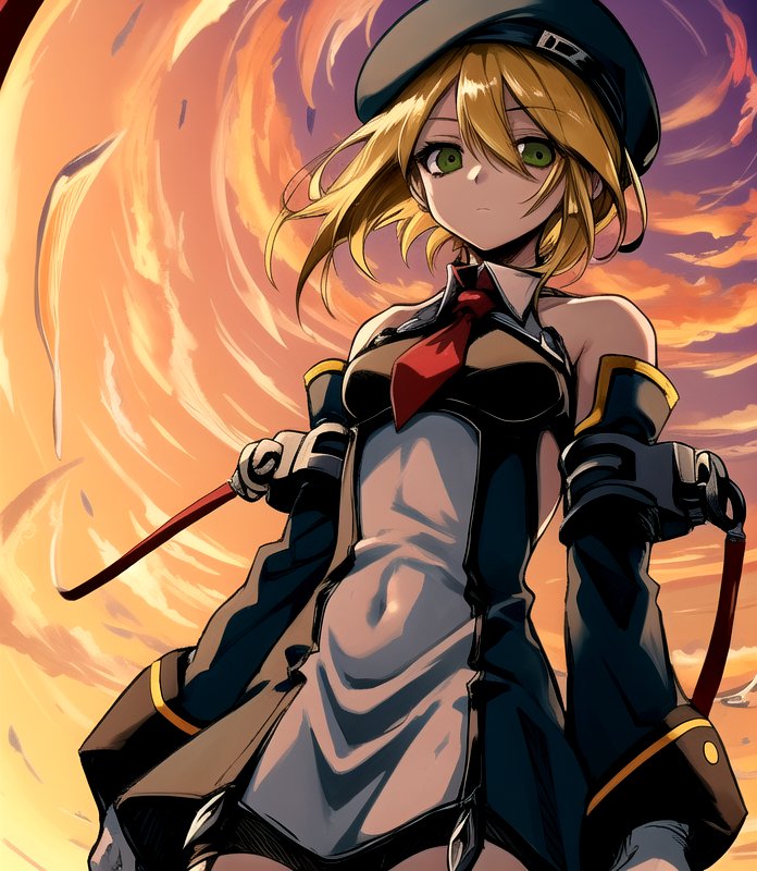 1girl, armlet, bangs, bare_shoulders, based_mix, beret, blazblue, blonde_hair