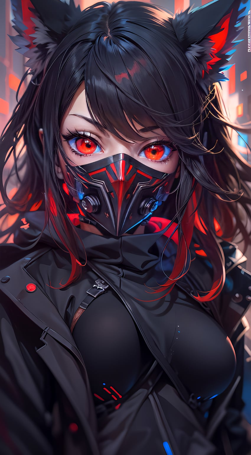 1girl, absurdres, animal_ear_fluff, animal_ears, bangs, black_hair, black_jacket, breasts, highres, jacket, locdoc, long_hair, looking_at_viewer, mask, medium_breasts, metadata_request, model_request, mouth_mask, multicolored_hair, non-web_source, open_clothes, open_jacket, original, red_eyes, red_hair, respirator, self-upload, solo, upper_body, wolf_ears, wolf_girl