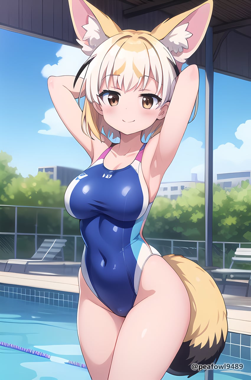 1girl, animal_ear_fluff, animal_ears, armpits, arms_behind_head, arms_up, blonde_hair, breasts
