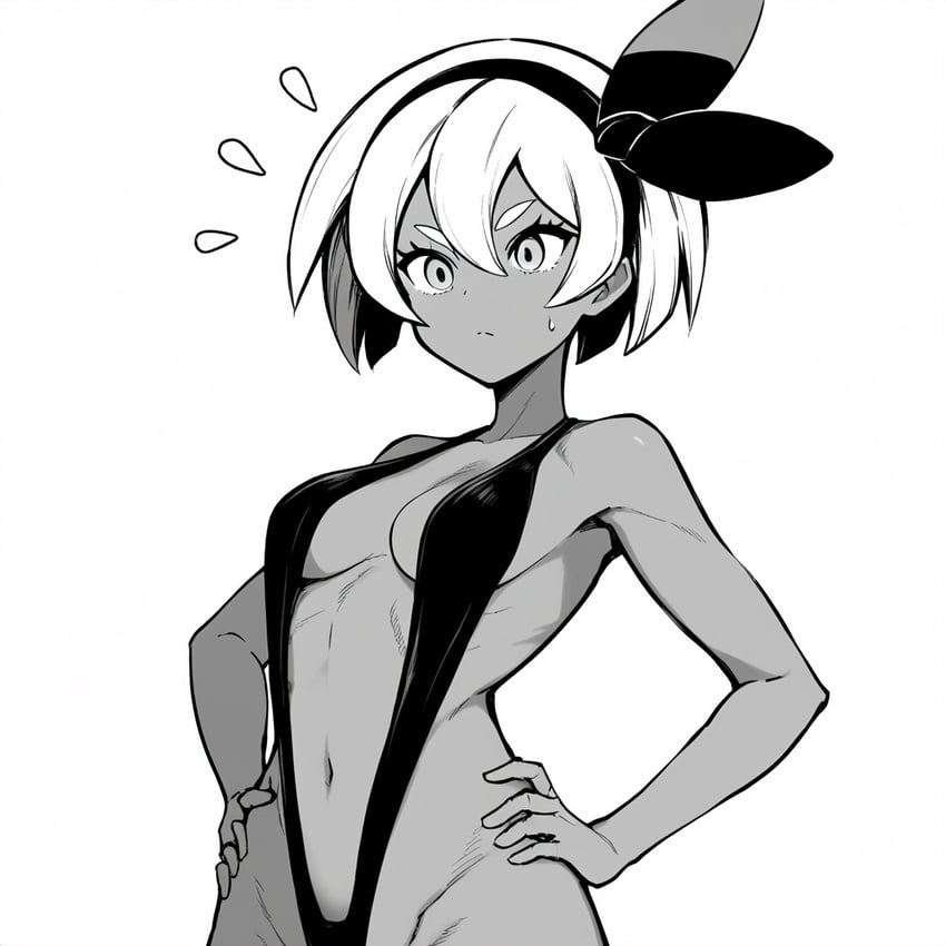 1girl, alternate_costume, bea_(pokemon), black_one-piece_swimsuit, bow_hairband, breasts, closed_mouth, dark-skinned_female, dark_skin, greyscale, hair_between_eyes, hairband, hands_on_own_hips, monochrome, non-web_source, notice_lines, novelai, one-piece_swimsuit, pokemon, raijin_(athanasios), raised_eyebrow, revealing_clothes, ribbon, ribs, shiny, shiny_hair, short_hair, simple_background, small_breasts, solo, strap_gap, sweatdrop, swimsuit, toned, upper_body, white_background