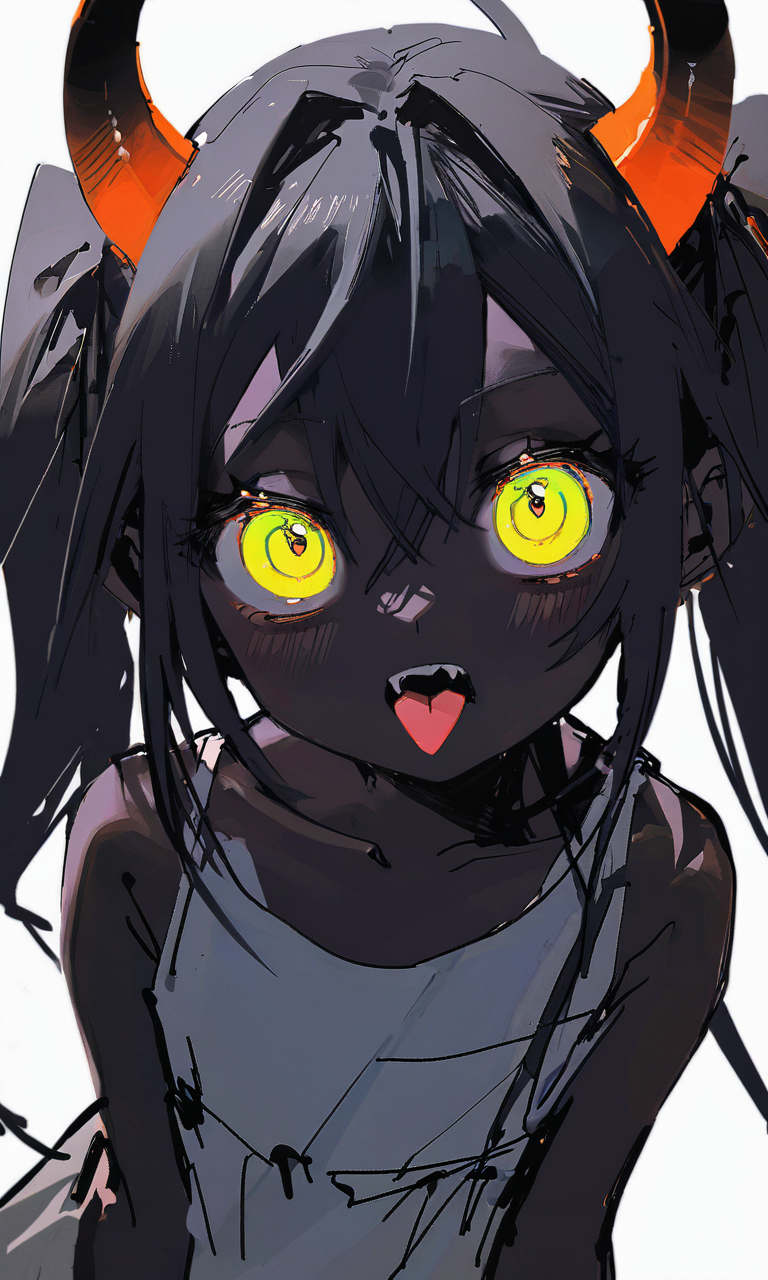1girl, 218xl, bangs, bare_shoulders, black_hair, black_horns, blush, child, collarbone, colored_skin, dark-skinned_female, dark_skin, demon_girl, demon_horns, dress, fang, fangs, faux_sketch, flat_chest, glowing, glowing_eyes, hair_between_eyes, hair_intakes, horns, juicer69, leaning_forward, long_hair, looking_at_viewer, lora, non-web_source, open_mouth, original, red_horns, rella_(style), self-upload, simple_background, sleeveless, sleeveless_dress, solo, sundress, teeth, tongue, tongue_out, twintails, upper_body, upper_teeth_only, white_background, white_dress, yellow_eyes, ziyun_(style)