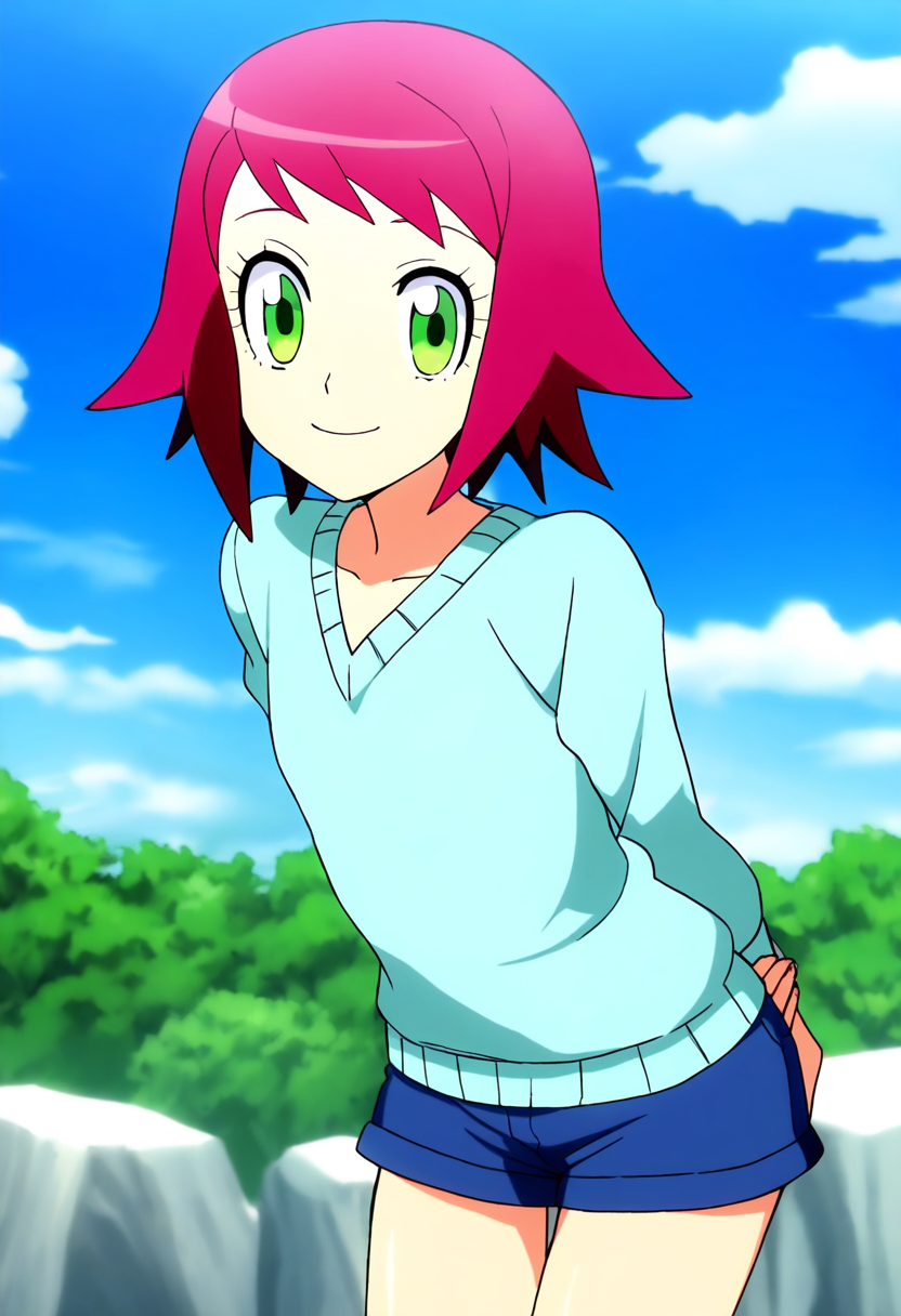 1girl, anime_coloring, arms_behind_back, bangs, blue_shorts, blue_sky, casual, closed_mouth