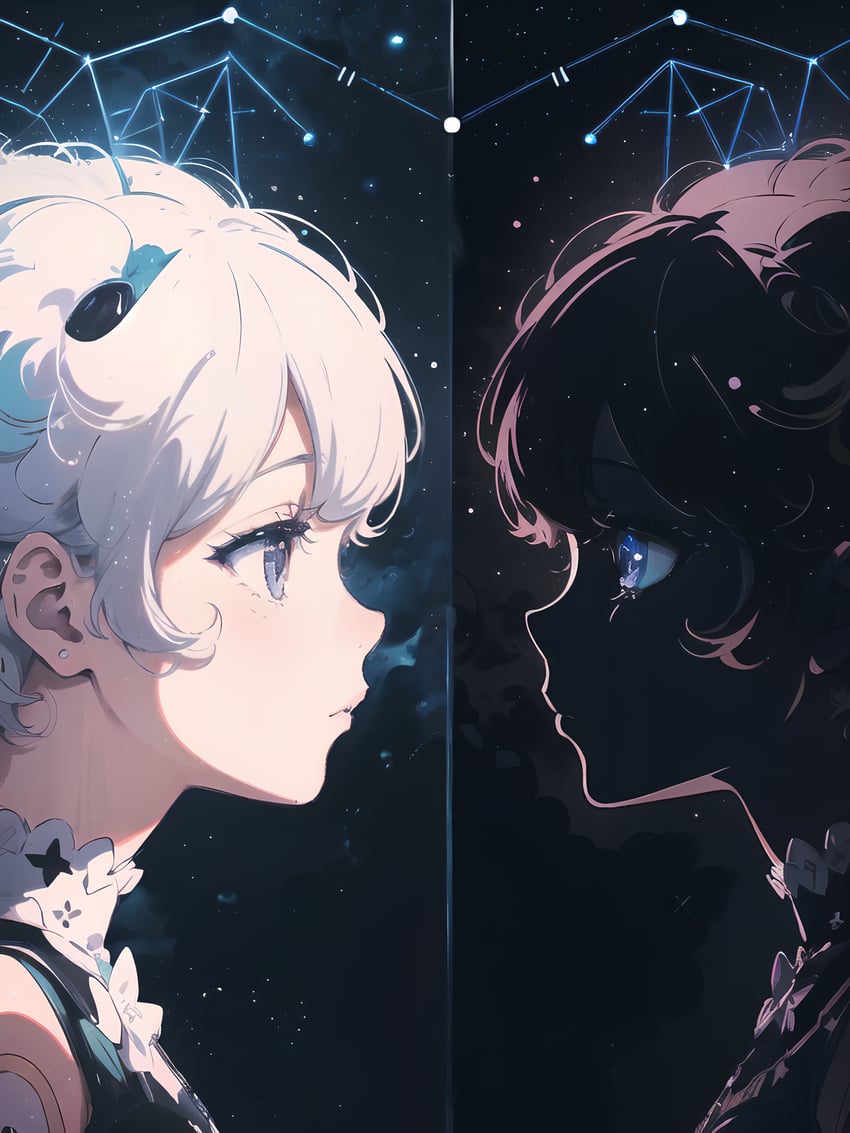 2girls, amagaeru, bangs, blue_eyes, choker, closed_mouth, constellation, dark_sushi_mix