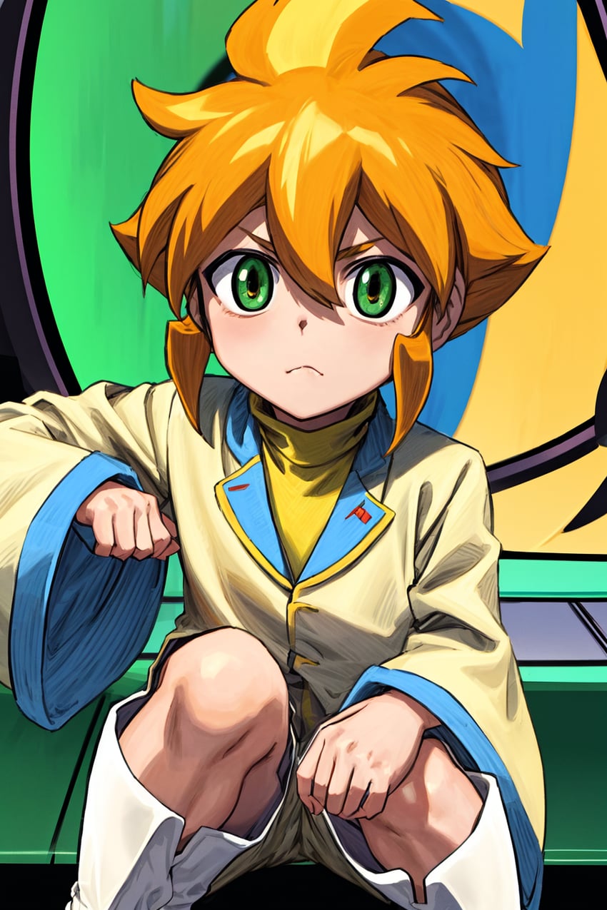 1boy, >:(, beyblade, boots, child, green_eyes, jacket, male_focus