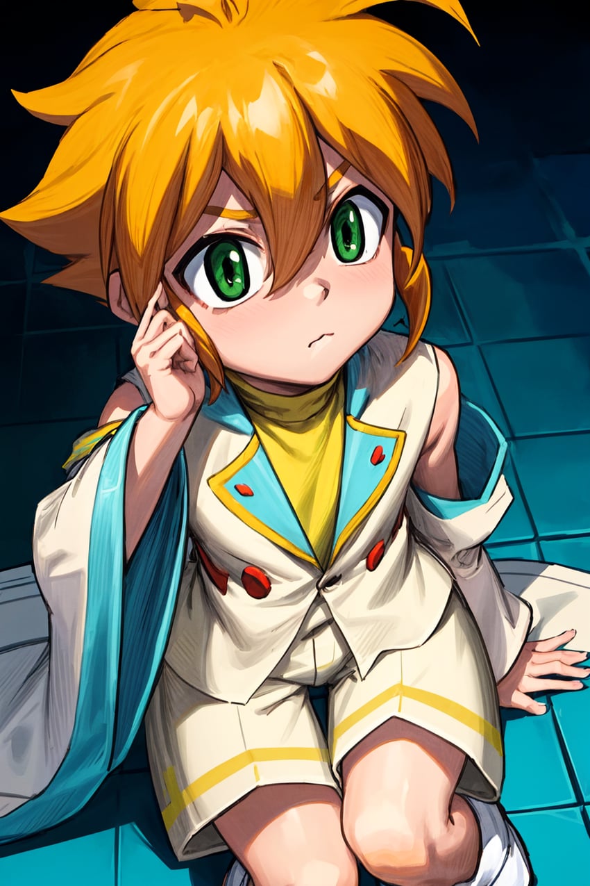 1boy, >:(, beyblade, boots, child, close-up, green_eyes, green_shirt